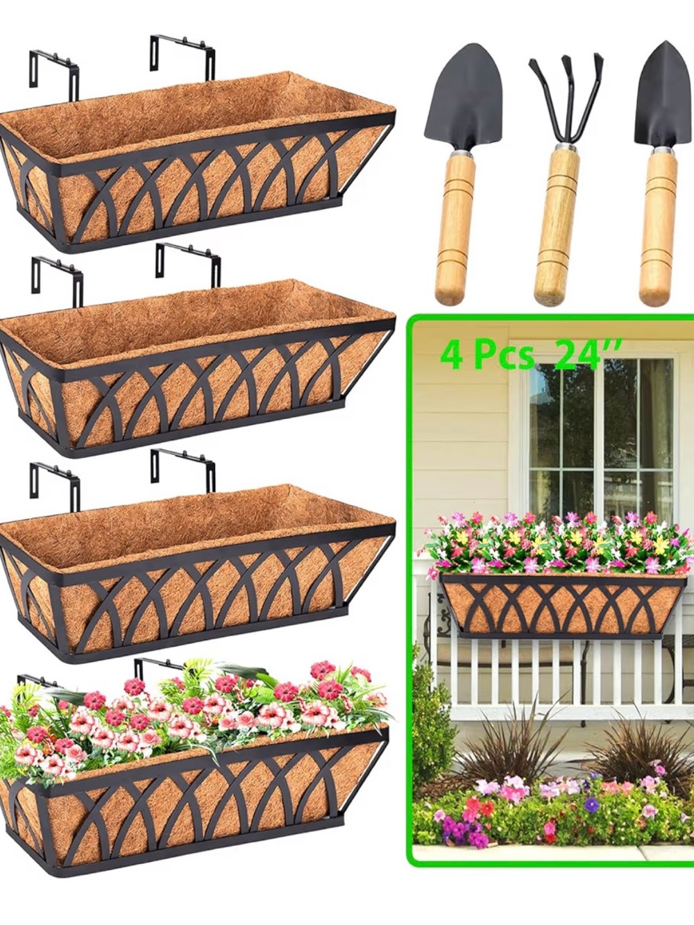4-Pack 24" Black Metal Window Box Planters with Brown Coconut Fiber Liner